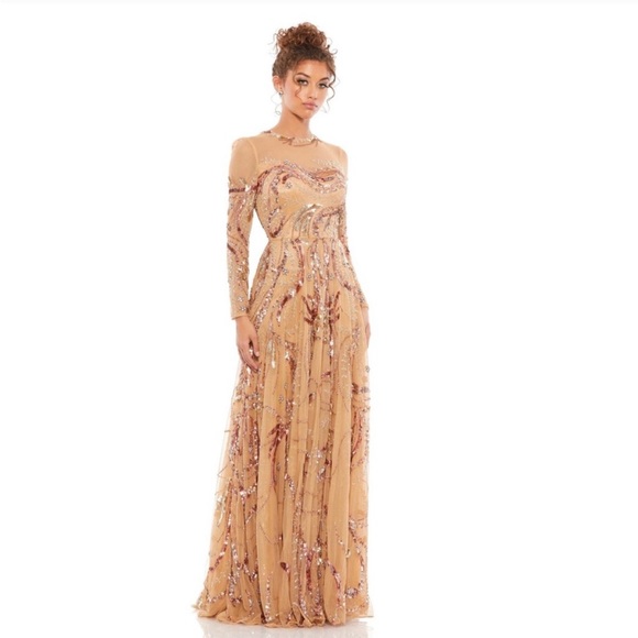 LONG SLEEVE EMBELLISHED ILLUSION EVENING GOWN - Picture 1 of 5